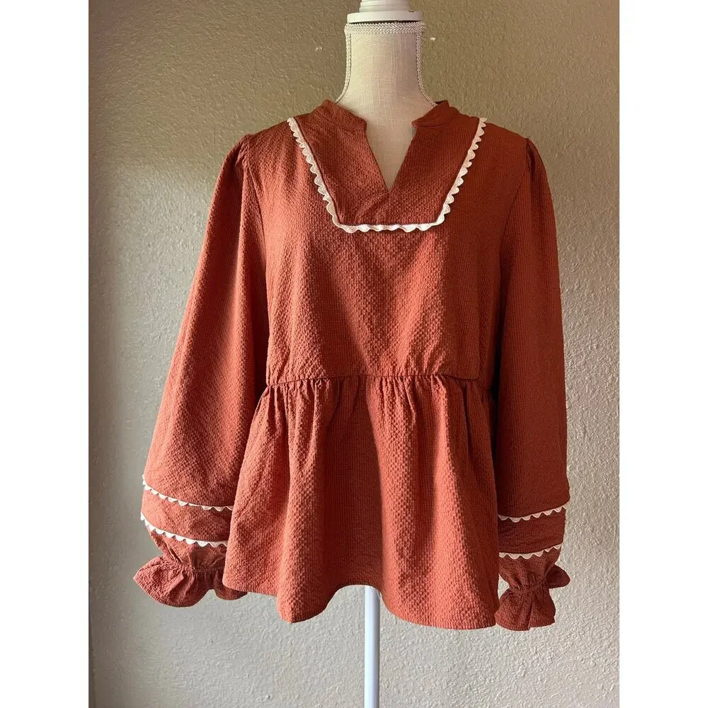 NWT Jodifl XL Rust Textured Peplum Blouse Scallop Trim Puff Sleeve Top - Picture 2 of 9